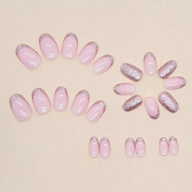 False Nails 24Pcs Pink Fake Nail Long Oval French Styly Shining Full Cover Press On DIY Detachable Manicure Tip