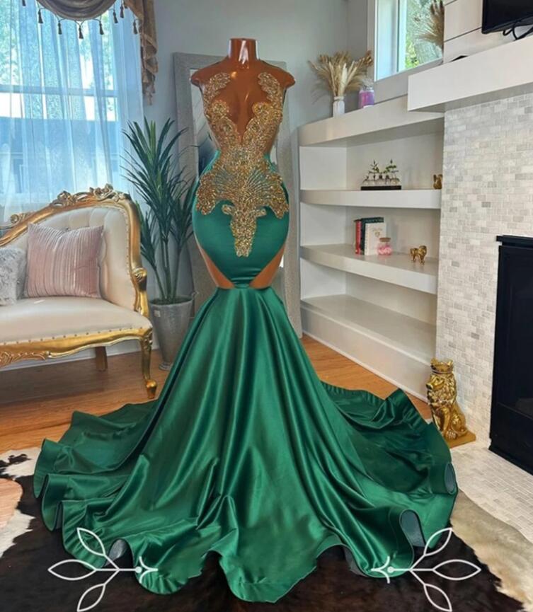Green Sheer O Neck Long Mermaid Prom Dress For Black Girls 2024 Gold Beaded Rhie Birthday Party Dresses Evening Gowns Robe De Bal 0305 0220