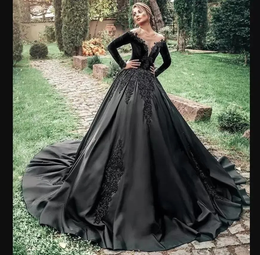 2024 Princess Plus Size Unique Black Gothic Ball Gown Wedding Dresses Bridal Gowns Sheer Neck Satin Long Sleeves Lace AppliquedBeading Dress Marriage