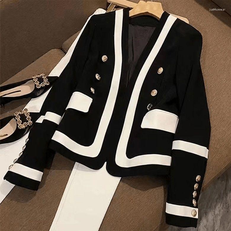 Women's Suits Temperament Jackets Double Breasted V-neck Tunic Outwear Office Ladies Contrast Color Thicked Korean Coat