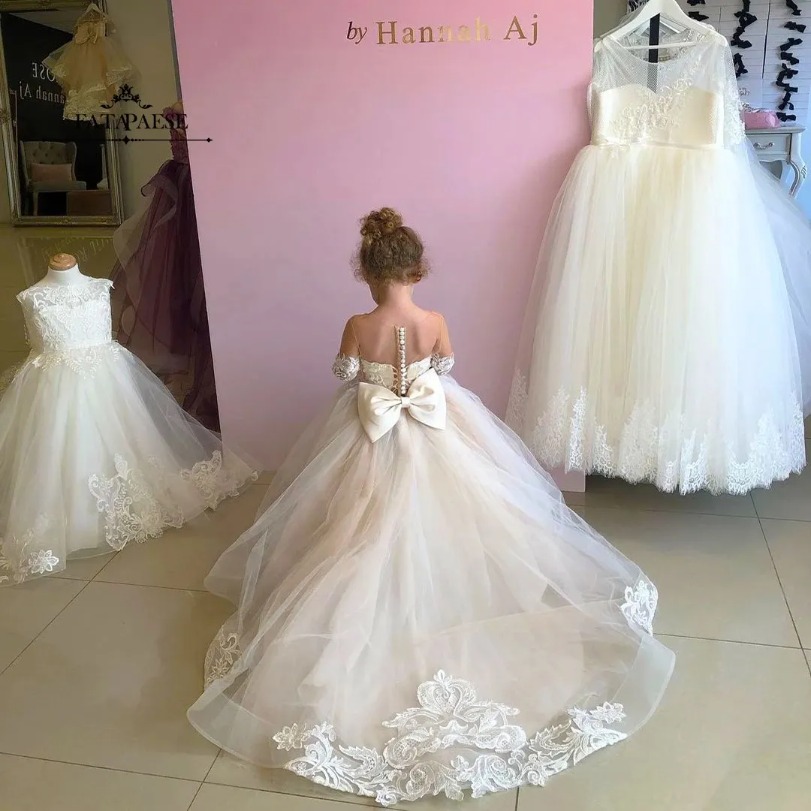 DHL Fast Ship In Stock Lace Tulle wer Girl Bows Back Girls First Communion Gowns Princess Ball Gown Wedding Party Dress FS