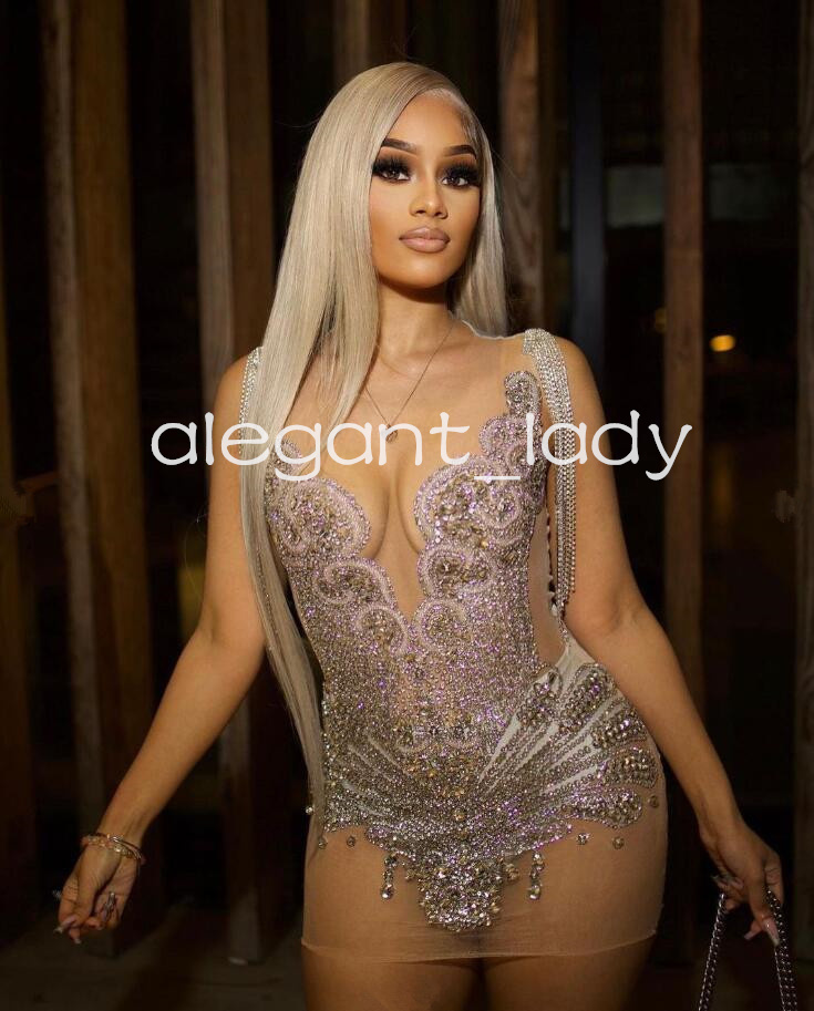 Silver Diamond Mini Evening Cocktail Dresses for Women Sparkly Luxury Crystal Black Girl See Through Birhtday Gala Gown