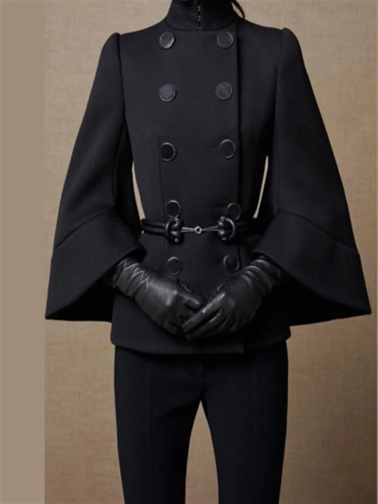 Chic Belt Double Breasted Women Jackets Flared Long Sleeve High Collar Short Coats for Female est Spring Autumn Outwear 240219