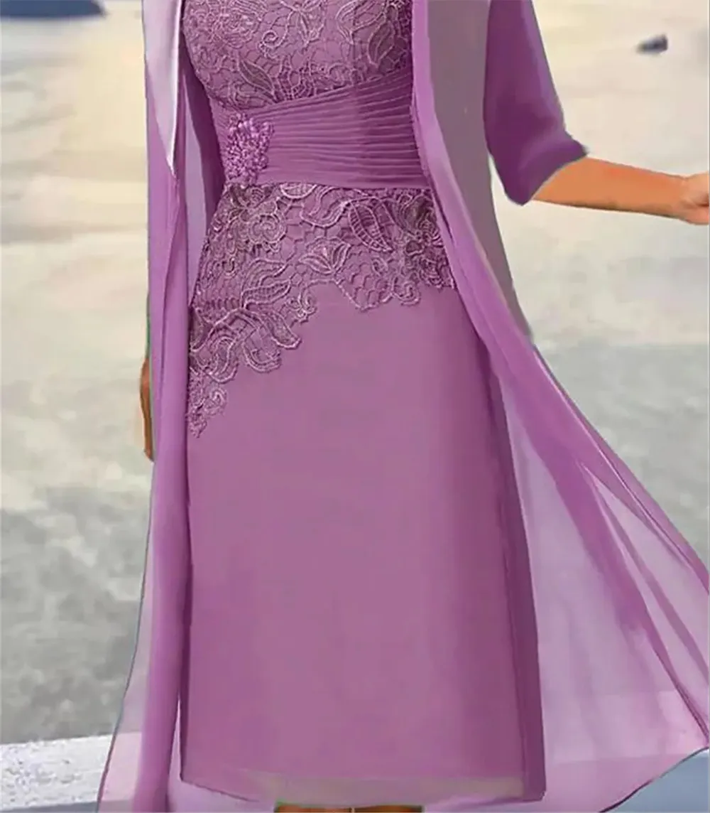 Dusty Blue Short Mother Of The Bride Dresses With Jacket 2024 A-e Chiffon Lace Appliques Beaded Groom Evening Party Gown For Wedding Plus Size