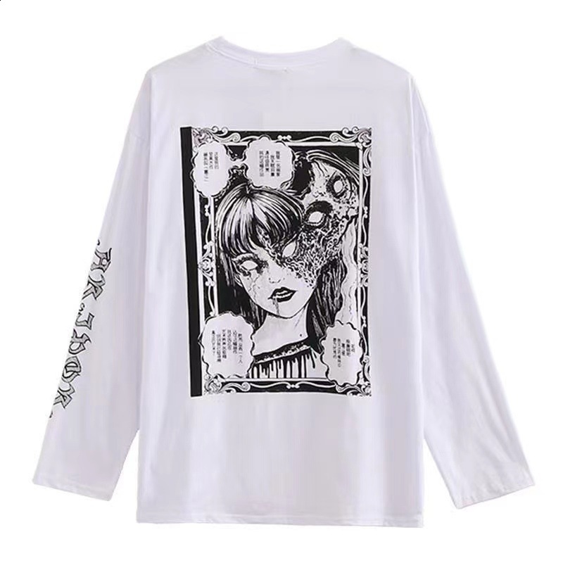 Early autumn top Korean version womens Harajuku wind mourning Department dark printing loose casual backing Long Sleeve White T-Shirt 210406