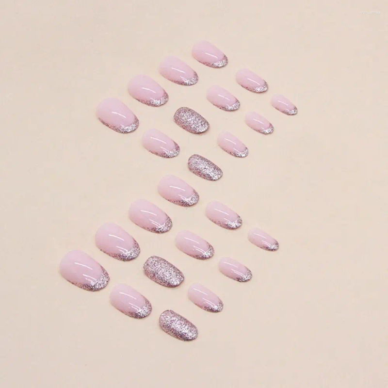 False Nails 24Pcs Pink Fake Nail Long Oval French Styly Shining Full Cover Press On DIY Detachable Manicure Tip