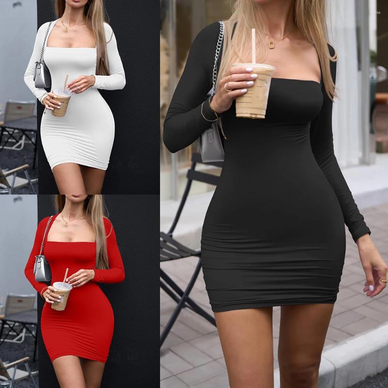Casual Dresses Women Square Neck Dress Long Sleeve Bodycon Sexy Slim Fit Skinny Mini Ladies Club Streetwear
