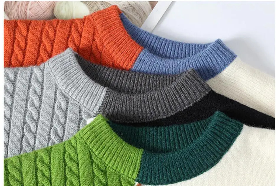 Autumn Winter Warm Mens Sweaters Fashion Turtleneck Patchwork Pullovers Korean Streetwear Knitted Pullover Casual Clothing 240301