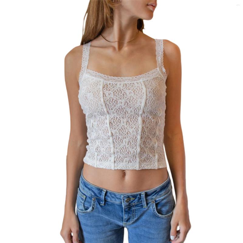 Womens T Shirts Women Y2k Sexy Lace Camisole Square Neck Floral Tank Top Slim Fit See Through Mesh Cami Going Out Clubwear