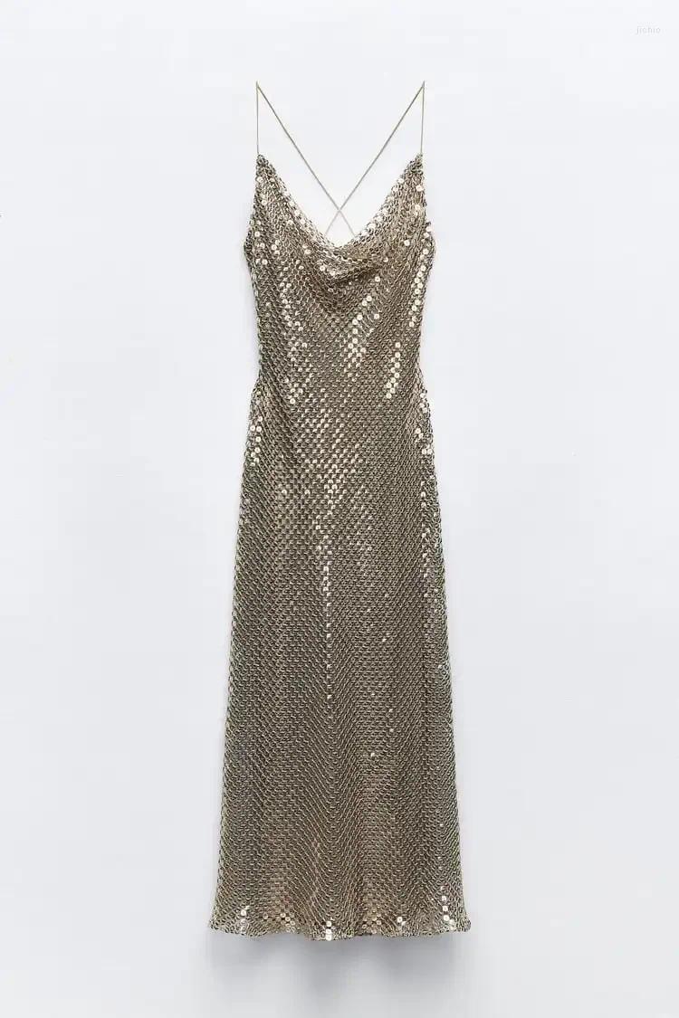 Casual Dresses Chic Mesh Deep V Neck Back Cross Sparking Sling Dress Women Sexy Sleeveless Sequined Backless Vestidos Elegant Lady Party