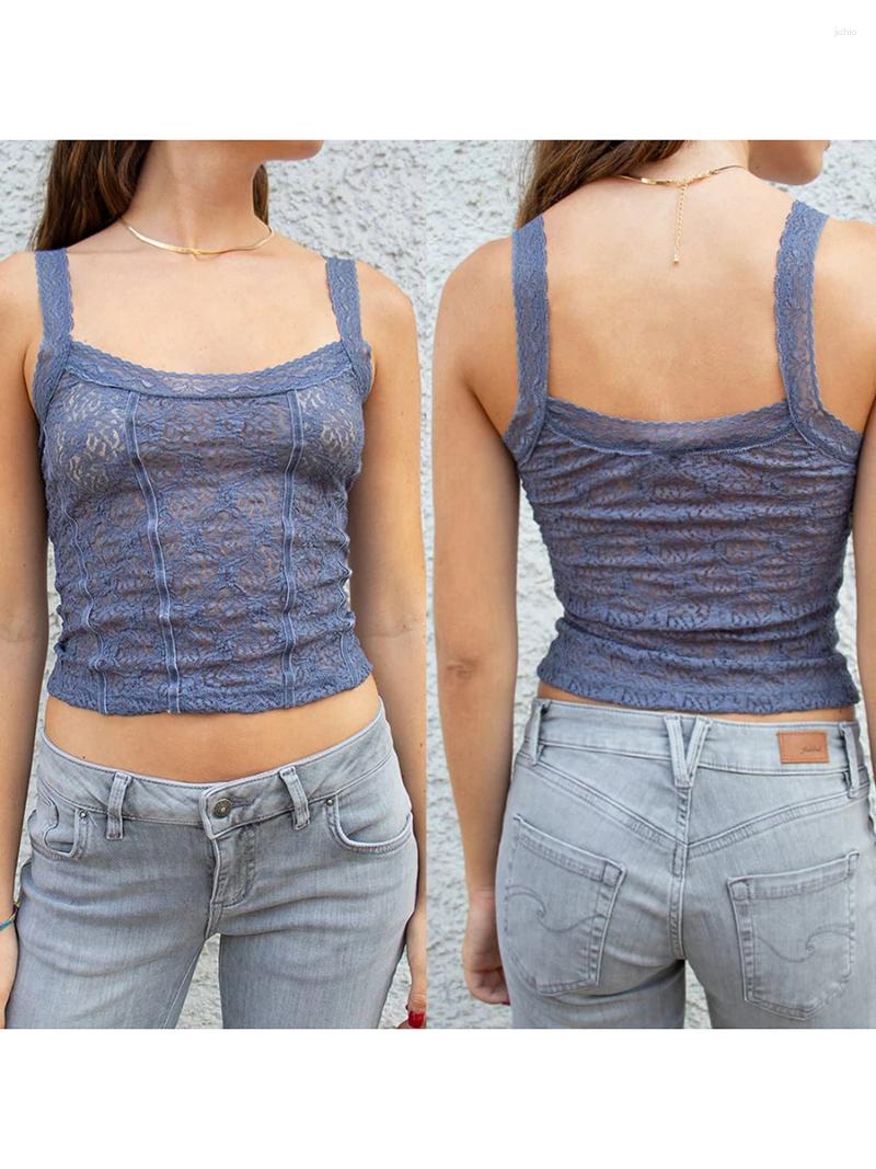 Womens T Shirts Women Y2k Sexy Lace Camisole Square Neck Floral Tank Top Slim Fit See Through Mesh Cami Going Out Clubwear