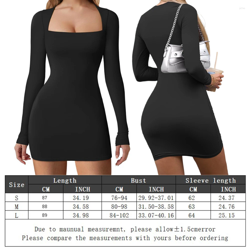 Casual Dresses Women Square Neck Dress Long Sleeve Bodycon Sexy Slim Fit Skinny Mini Ladies Club Streetwear