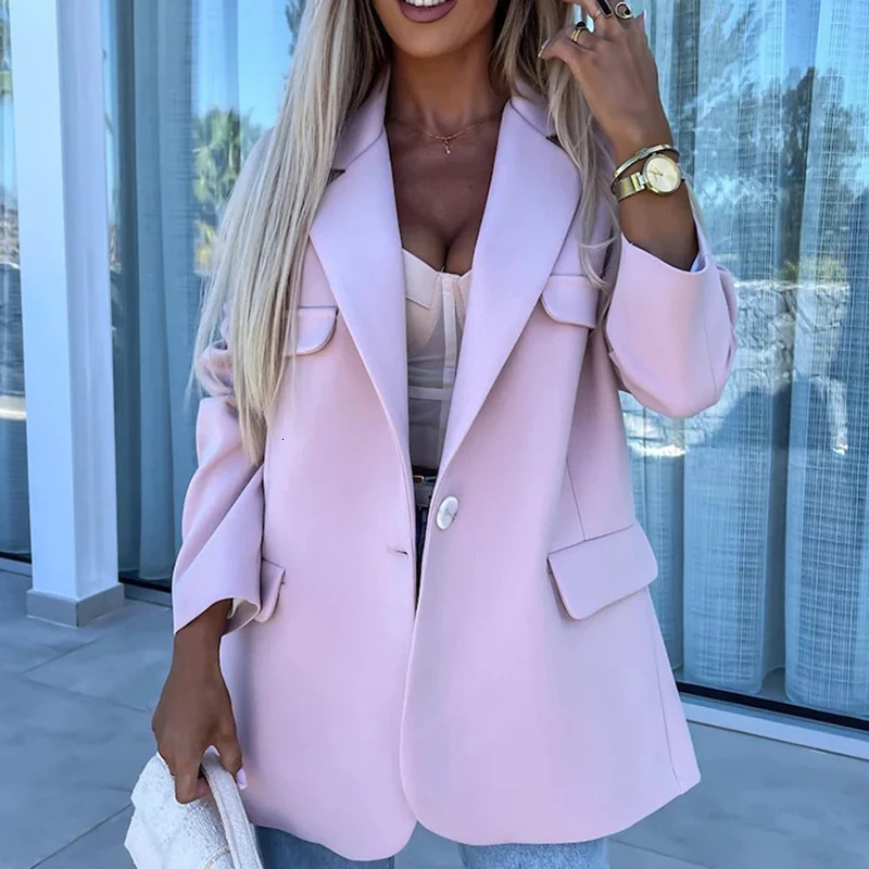 Women Elegant Lapel Collar Blazer Coat Office Fashion Single Button Solid Outerwear Spring Fall Casual Long Sleeve Loose Jackets 240229