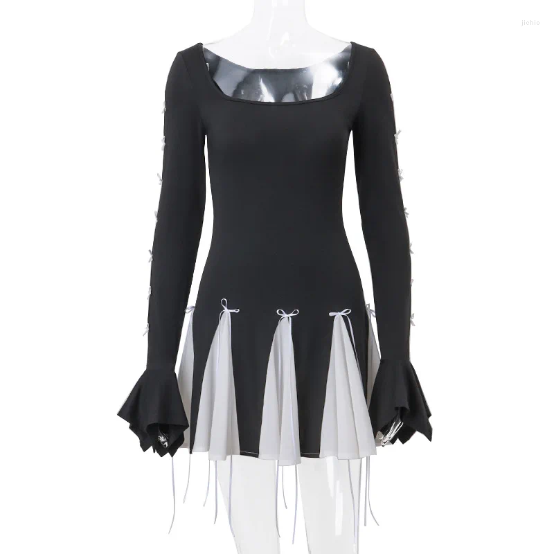 Casual Dresses Chic Bow Full Flare Sleeve Panel A-line Mini For Summer Womens Dress 2024 High Waist Skinny Woman