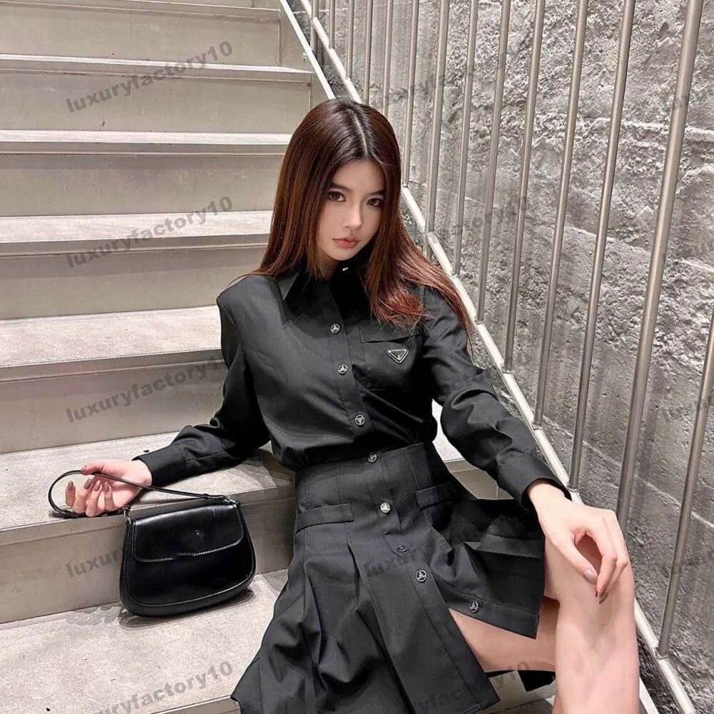 Women Dresses Inverted Triangle Label Graphic Shirt Dresses Casual Lapel Single-Breasted Slim Dress Breathable