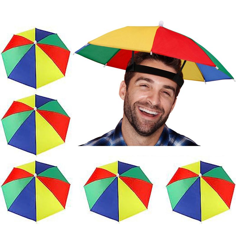 Portable Rainbow Sun Rain Umbrella Hat Foldable Outdoor Sunshade Waterproof Camping Fishing Golf Gardening Headwear Cap Beach Head Hats Hands Free Umb