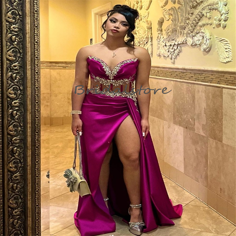 High Slit Black Girls Prom Dress With Rhinestone Crystal Sweetheart Sexy Floor Length Evening Dresses Elegant Dance Formal Robes De soiree Vestidos De