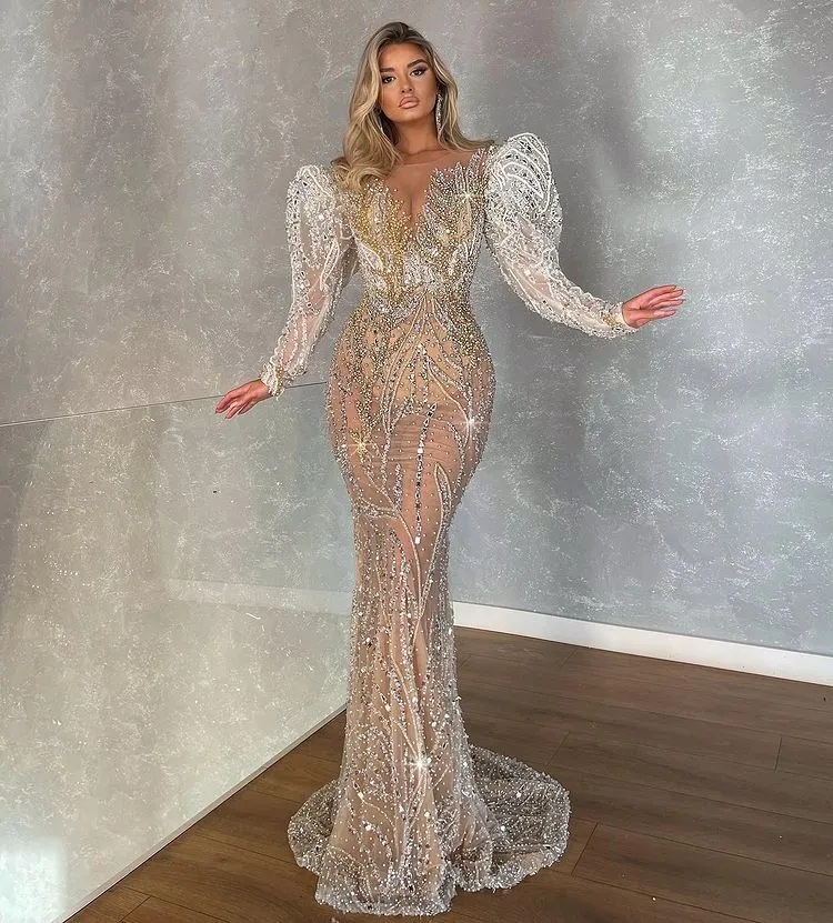 Size Plus Arabic Aso Ebi Urious Sparkly Mermaid Wedding Dress Beaded Crystals Lace Bridal Gowns Dresses