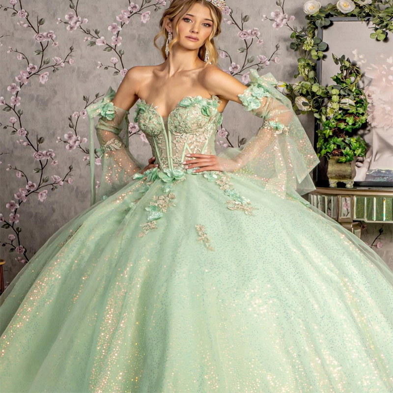 Sage Green Shiny Off Shoulder Quinceanera Dresses Appliques Sequined Lace Beads Tull Vestido 15 Quinceaneras Robe De Ball Sweet 16 Dress