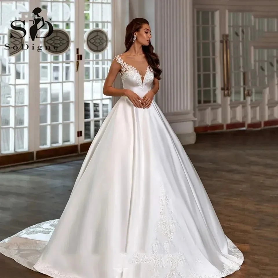 Modest Ivory Satin A Line Wedding Dresses For Women Sexy Deep V Neck Boho Simple Bridal Gowns Sweep Train Back Buttons Vestidos De Novia Plus Size Bri