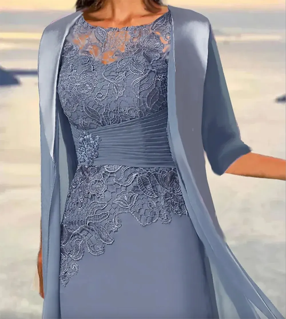 Dusty Blue Short Mother Of The Bride Dresses With Jacket 2024 A-e Chiffon Lace Appliques Beaded Groom Evening Party Gown For Wedding Plus Size
