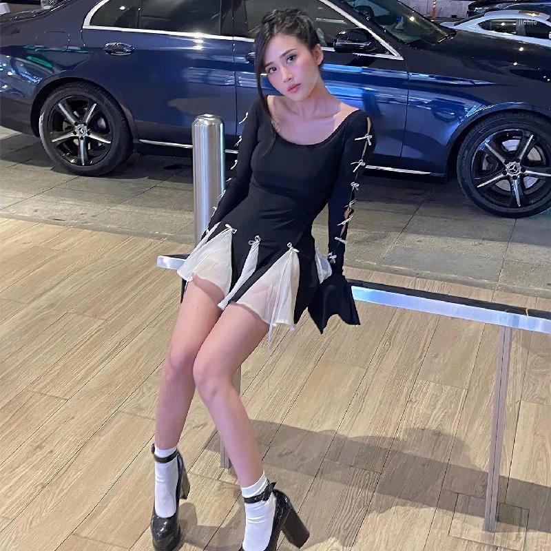 Casual Dresses Chic Bow Full Flare Sleeve Panel A-line Mini For Summer Womens Dress 2024 High Waist Skinny Woman
