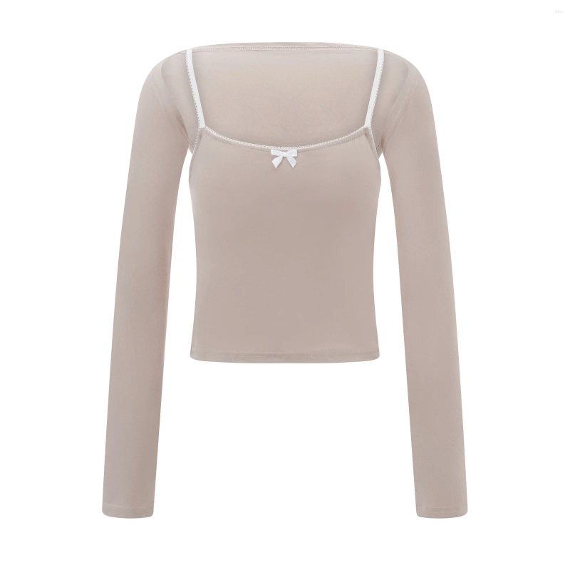 Womens T Shirts Women Y2K Cami Bolero Set Long Sleeve Bow Front Crop Top Slim Fit T-Shirt 2 Pieces Lace Shrug Cardigan