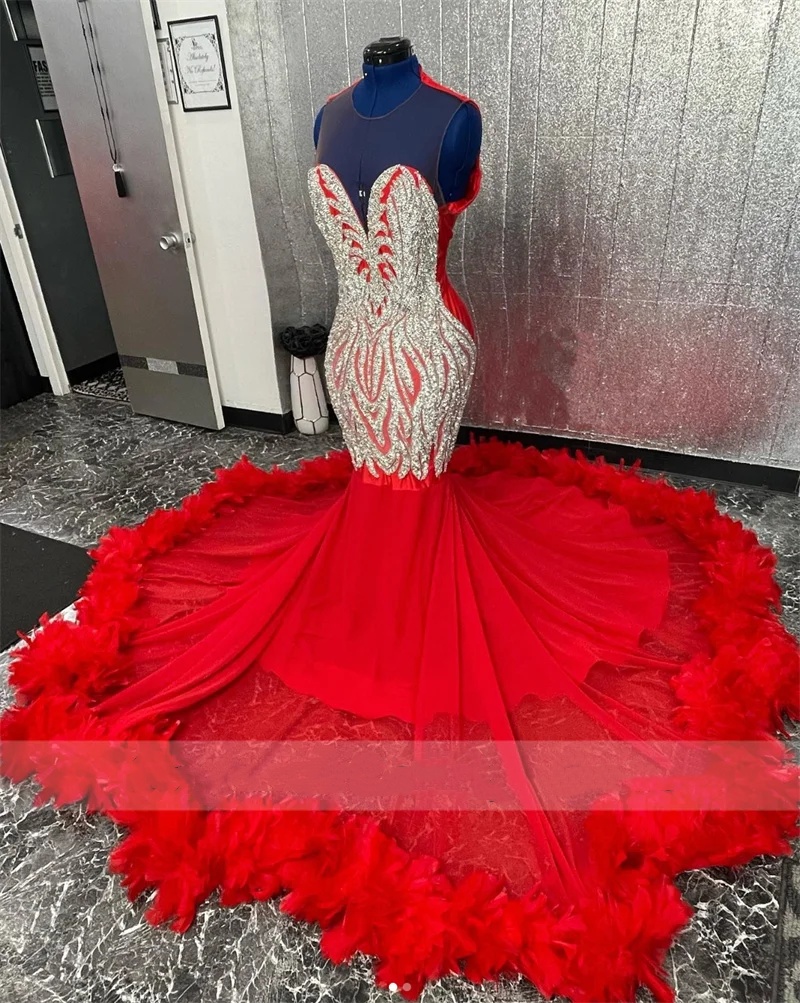 Prom Red Long Dresses 2024 Sheer Mesh Glitter Beading Crystal Rhinestones Feathers Evening Dress Birthday Party Gown 322