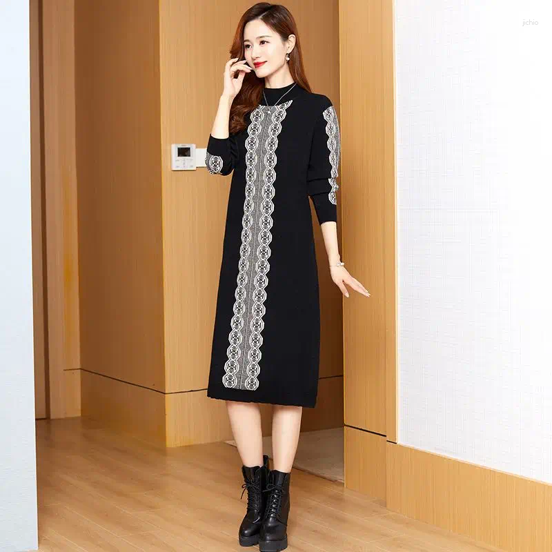 Casual Dresses Women Loose Oversize Knit Dress 2024 Autumn Winter Clothes Fashion Jacquard Patchwork Half High Collar Warm Female Sweater