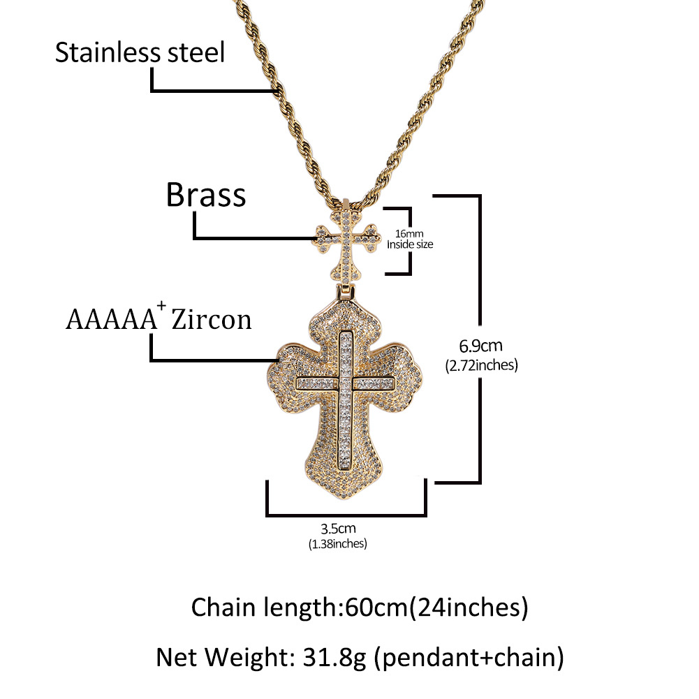 Hip Hop TopBling 5A Zircon Cross Pendant Necklace 18k Real Gold Plated Women Men Lover Couple Religion Jewelry