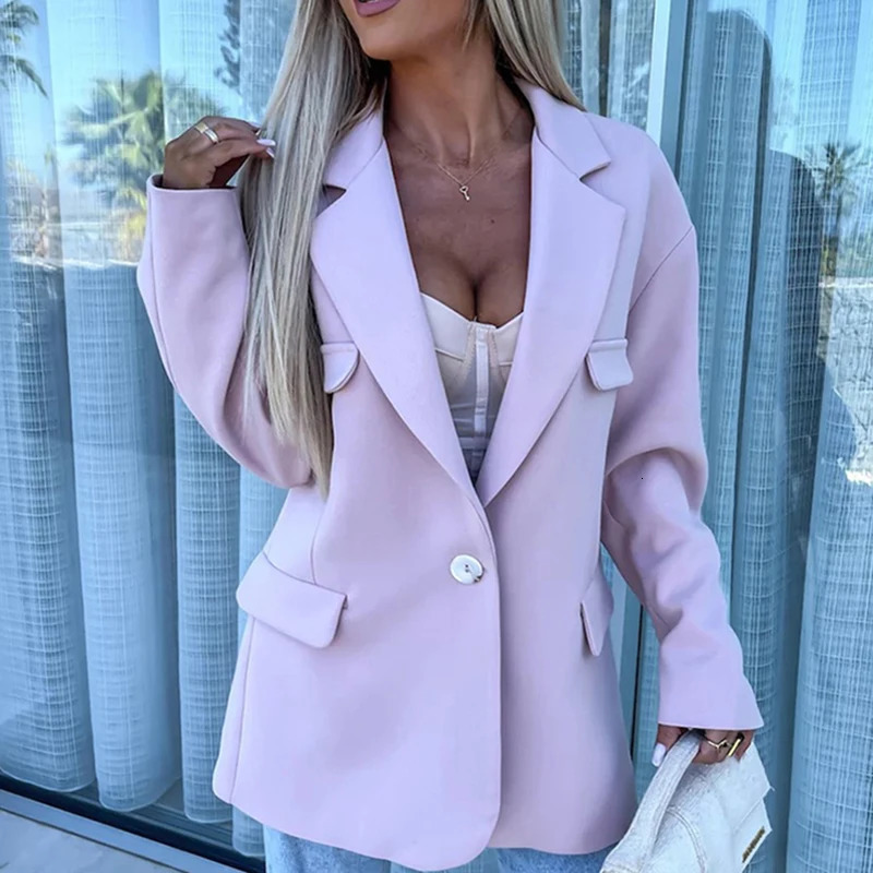 Women Elegant Lapel Collar Blazer Coat Office Fashion Single Button Solid Outerwear Spring Fall Casual Long Sleeve Loose Jackets 240229