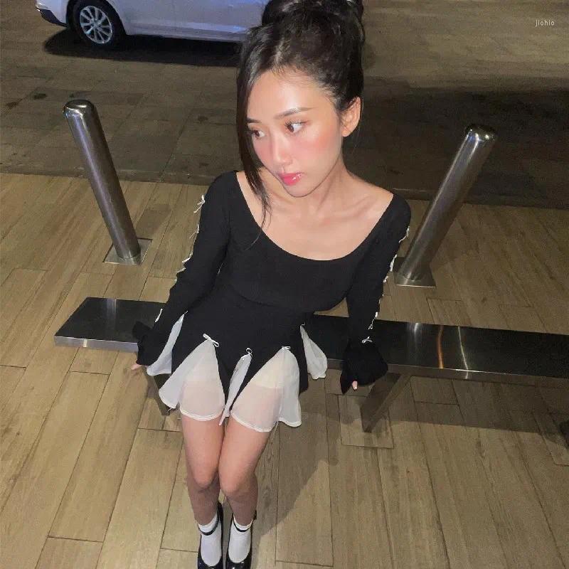 Casual Dresses Chic Bow Full Flare Sleeve Panel A-line Mini For Summer Womens Dress 2024 High Waist Skinny Woman