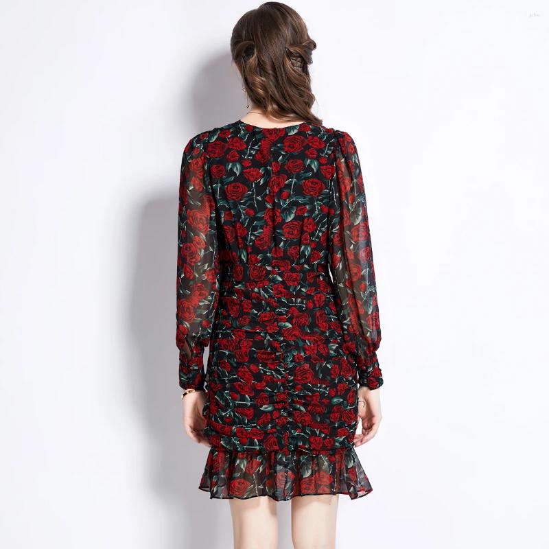 Casual Dresses French Spring Rose Flower Chiffon Mini Dress Elegant Women V Neck Lantern Sleeve Ruffles Print Slim Bodycon Mermaid Short