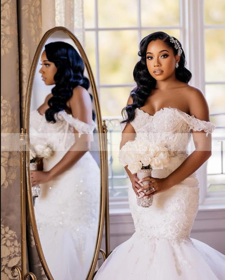African Elegant Mermaid Wedding Dresses for Bride 2024 Off Shoulder Lace up Closure Sweep Train Beaded Bridal Gowns Best Selg 0305