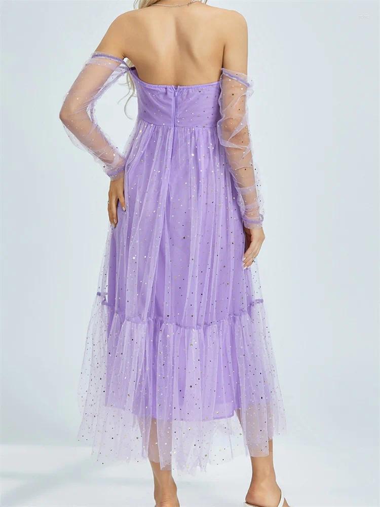 Casual Dresses CHRONSTYLE Women Evening Long Dress Sequined Slash Neck Off Shoulder Cocktail Mesh Party Sleeve Female Vestidos 2024