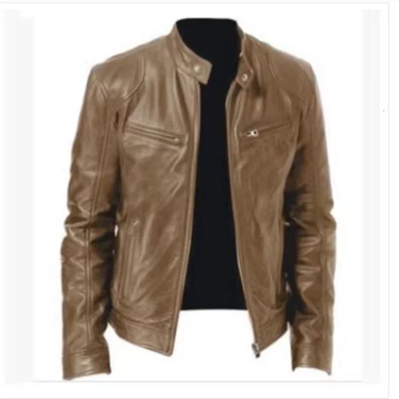 Fashion Mens Leather Jacket Slim Fit Stand Collar PU Jacket Male Anti-wind Motorcycle Lapel Diagonal Zipper Jackets Men 240304