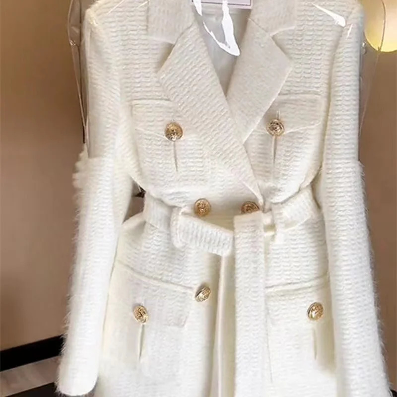 Fashion Korean White Blazer Jacket For Women Autumn Winter Vintage Long Sleeve Noted Double-breasted Coat Female Tops 240228