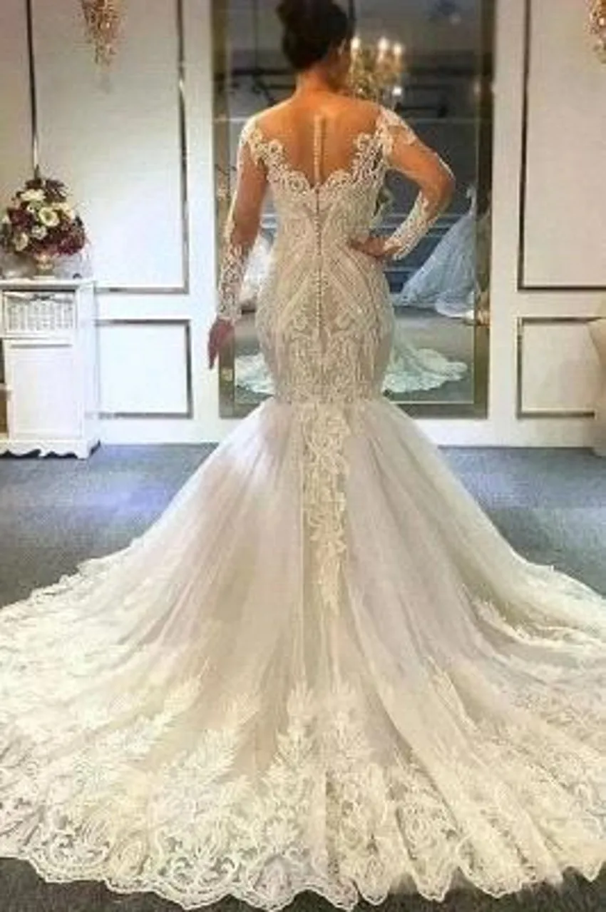 Lace Uious Mermaid Wedding Dresses Beads Sequins Elegant Off Shoulder Sheer Long Sleeves Appliques Bridal Gowns With Button Covered Back Bc