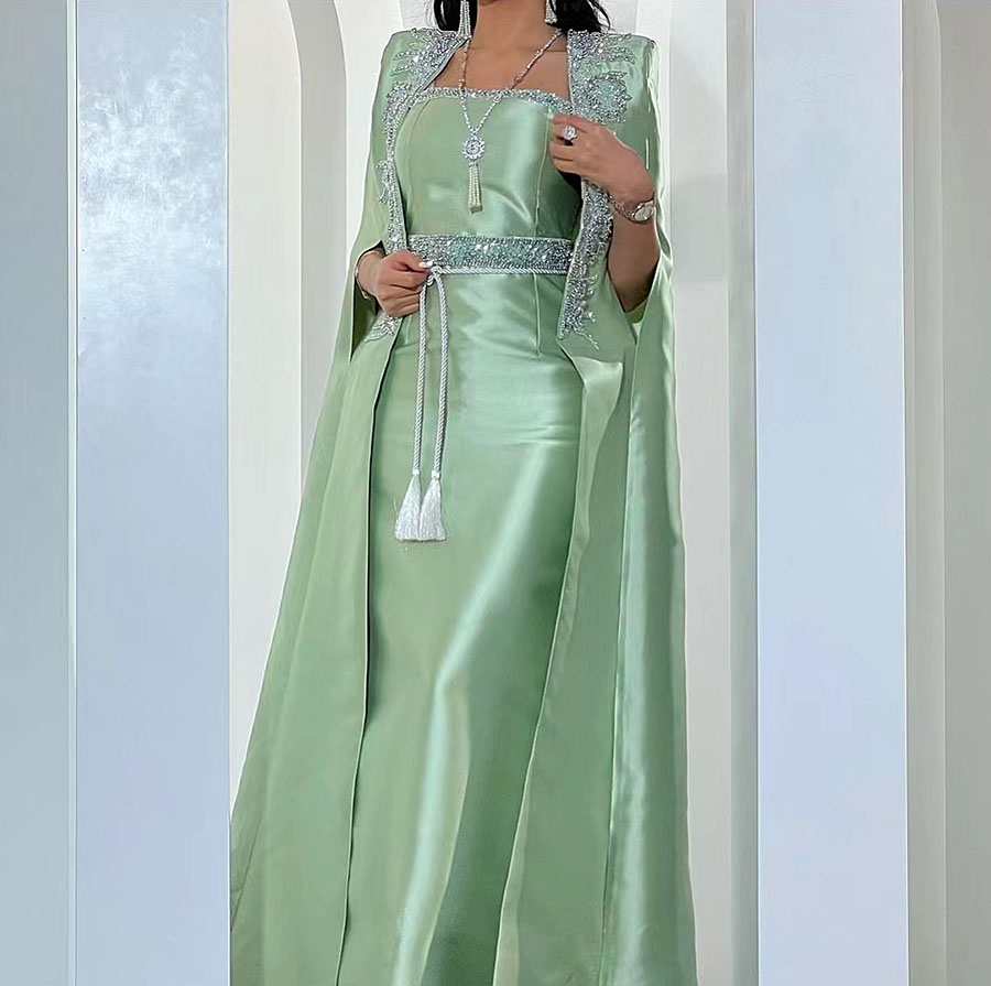 Mint Green Elegant Satin Long Dresses With Cape Delicate Beaded Pearls Formal Party Dress Modest Prom Gowns 6660311