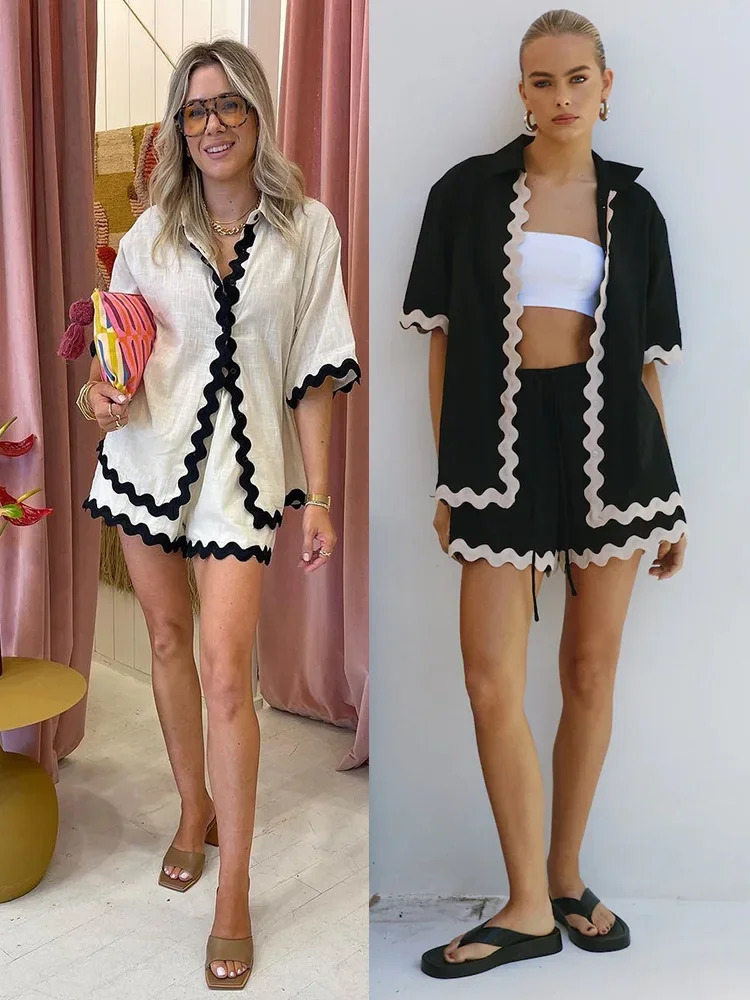 Wave Quilted Holiday Shorts 2 Pices Set Women Button Single Breasted Loose Shirts Top Elastic Waist Shorts Suit Female Outfits 240304