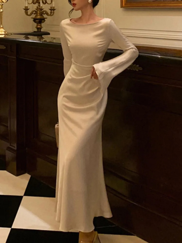 Autumn Elegant Solid Midi Dres Flare Sleeve Slim Mermaid Spring French Vintage Wedding Party Vestidos Robe Mujers 240313