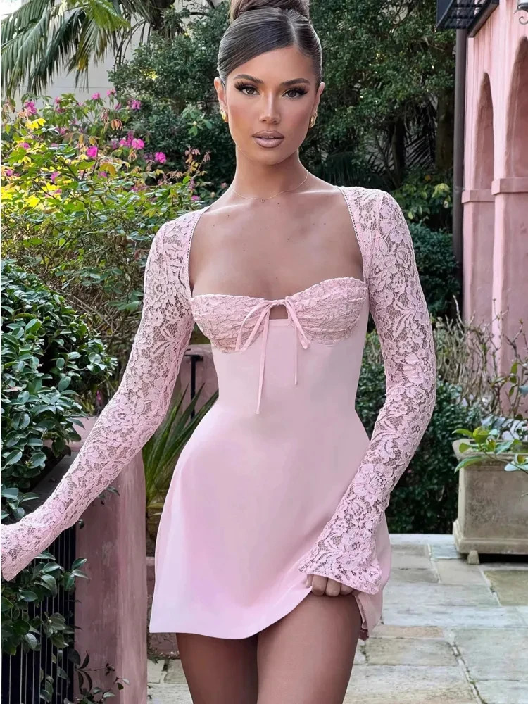 2023 Lace Patchwork Long Sleeve Bangage Backless Mini Dress For Women long sleeve Autumn Sexy Slim Fit Party Clubwear pink white 240304