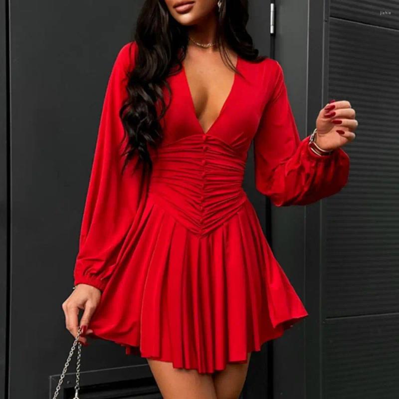 Casual Dresses Women Elegant V-neck Dress Lantern Sleeve V Neck Mini For Solid Color A-line Ladies