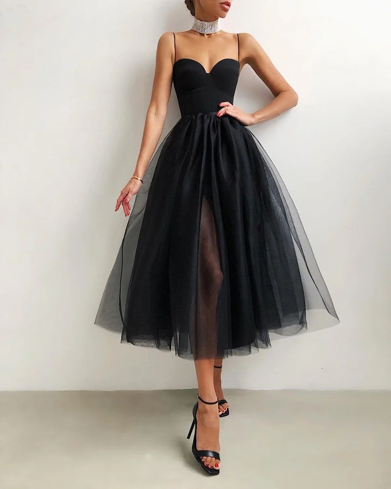 Fashion Women Summer Formal Party Cocktail Dress Solid Color Spaghetti Straps Side Slit Mesh Braces Dress for Girls BlackWhite 240304