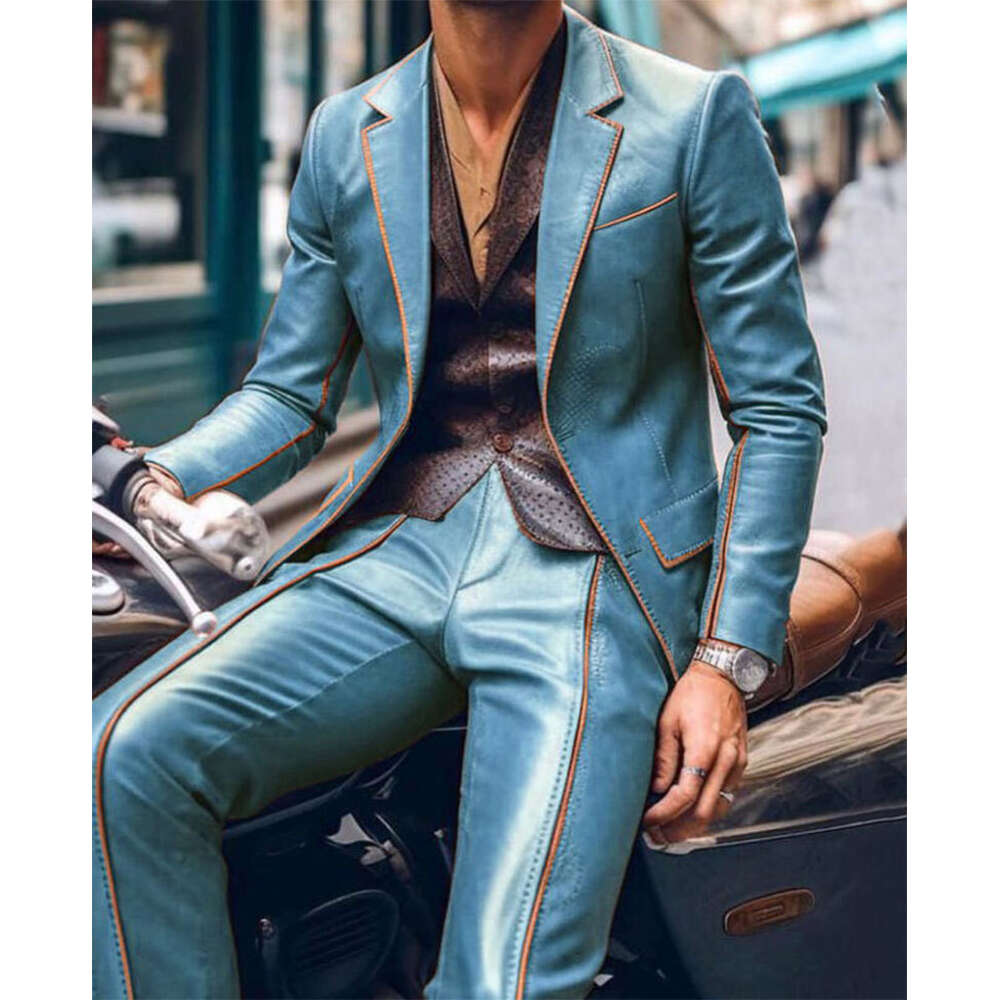 Men Slim Fit Blazer & Pants 2pcs Set Contrast Trim Notch Lapel PU Leather Jacket Male Business Casual Prom Suit Moto Style