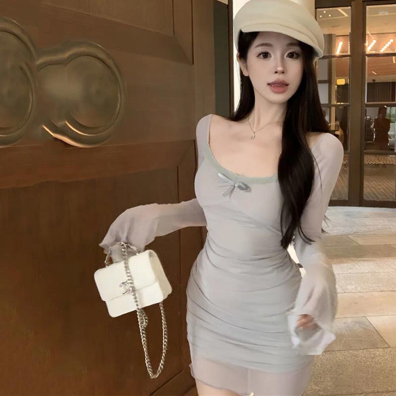 Casual Dresses Sexy Girl Mesh Womens Long Sleeved Deep V Neck Mini Dress Ladies Amorous Feelings Bow Tight Wrapped Hip Vestidos