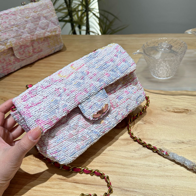 Ladies Classic Mini Flap Tweed Quilted Fuchsia Bags With Letter Square Gold Metal Hardware Matelasse Chain Crossbody Shoulder Turn Lock Handbag 20CM 25CM For Women