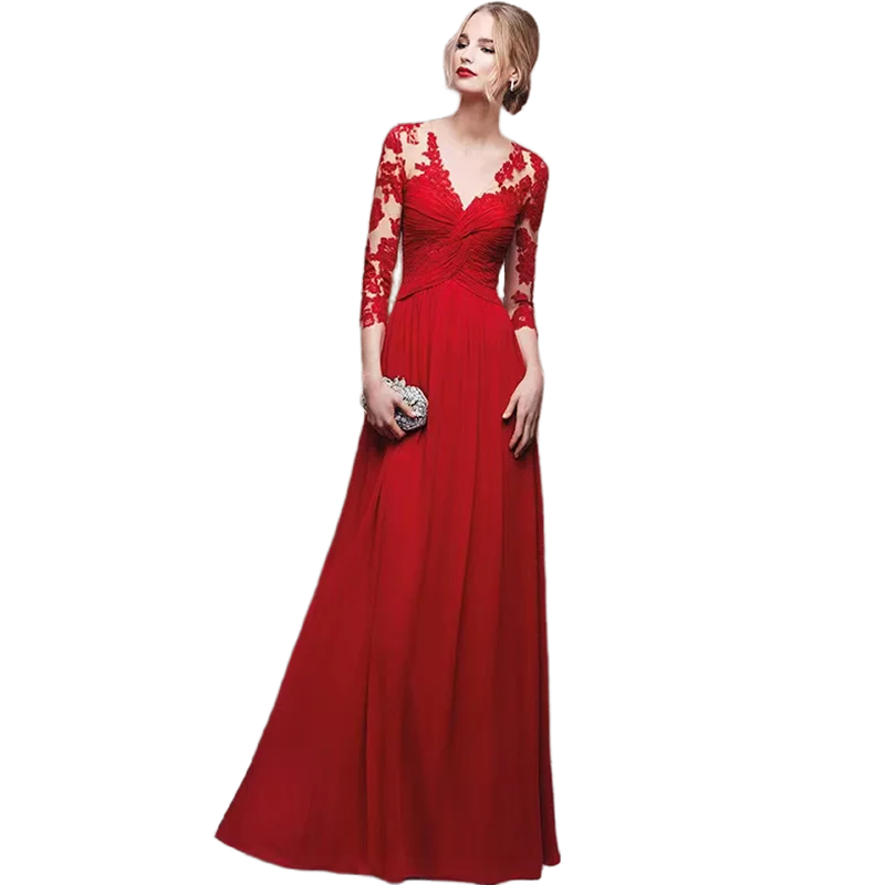 Elegant Red Long Mother Of The Bride Dresses V-Neck Pleats A Line Chiffon Wedding Guest Dress Lace Appliques Three Quarter Sleeves Formal Party Gown W