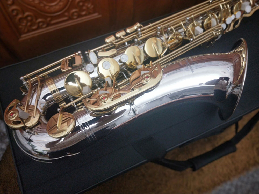 New Tenor Saxophone T- W037 Musical Instruments Bb Tone Nickel Silver Plated Tube Gold Key Sax With Case