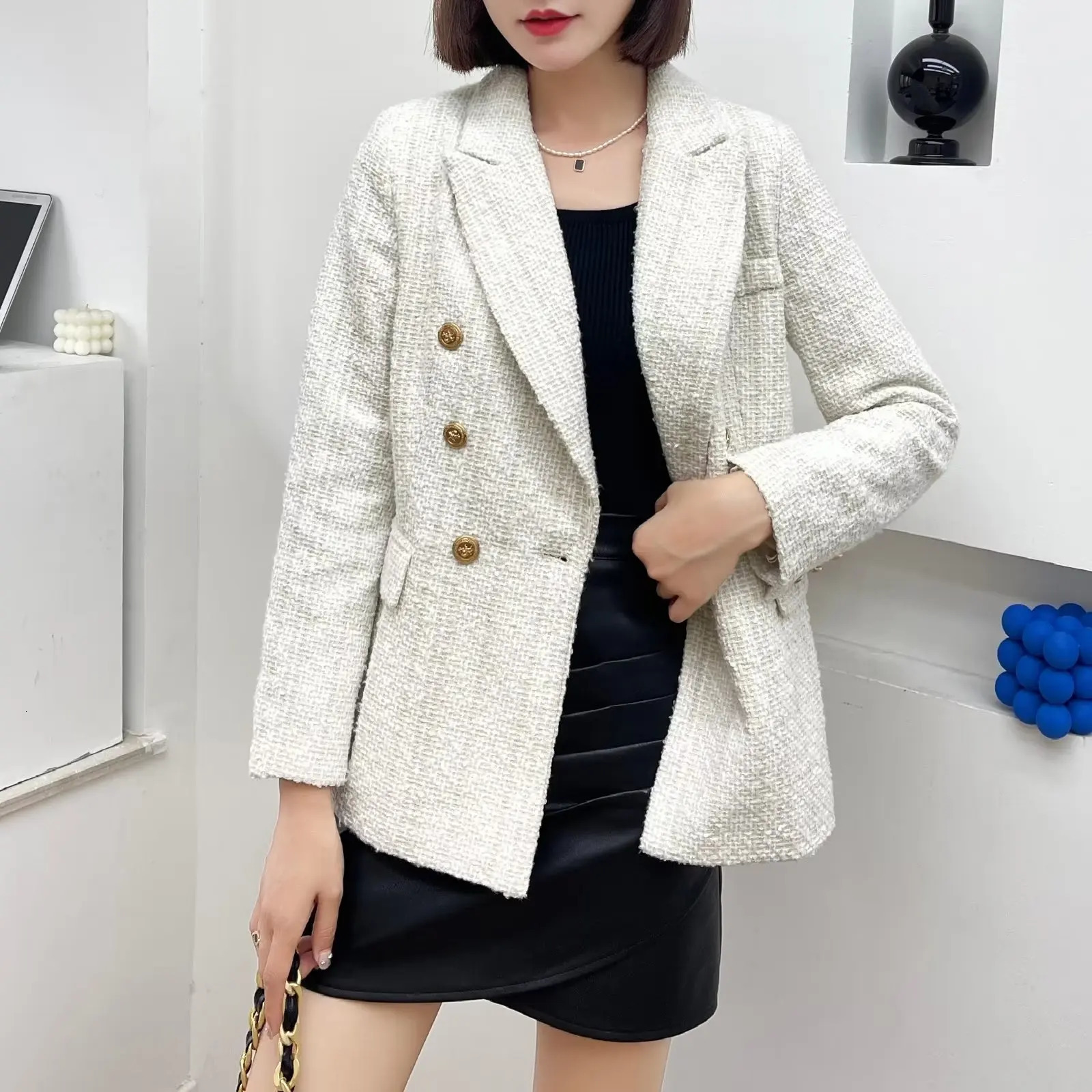 Women Fashion Double Breasted Tweed Check Blazer Coat Vintage Long Sleeve Pockets Female Outerwear Chic 240229